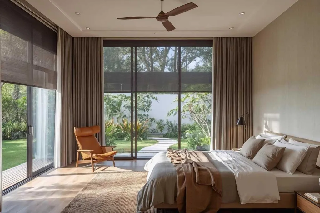 Quarto com janelas amplas e ventilador de teto adaptado para o calor extremo.