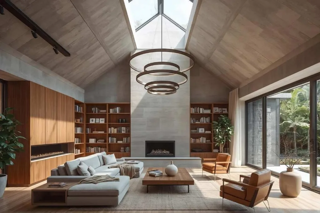 Sala moderna com pé-direito alto e claraboia mantém a casa fresca.