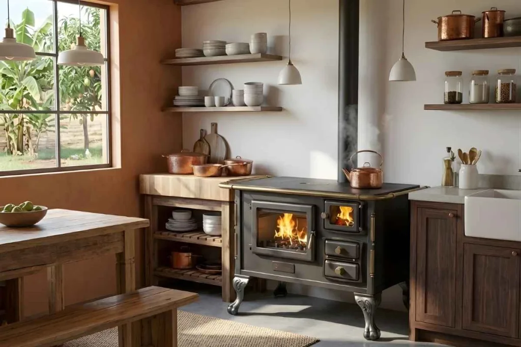Cozinha com fogão a lenha de ferro