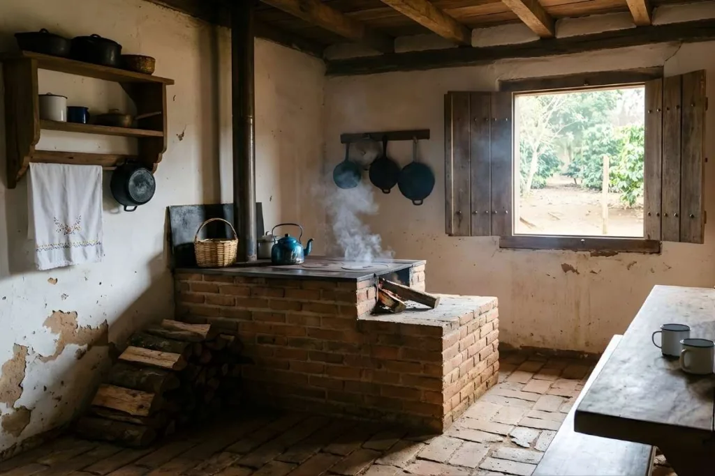 Cozinha de roça com fogão a lenha simples feito de tijolos, uma tradição do interior do Brasil.