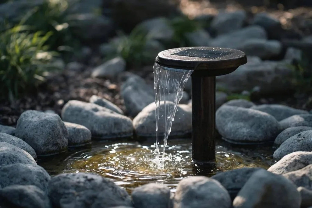 Movimento da água numa fonte de agua com energia solar para jardim com pedras de rio e iluminação suave.