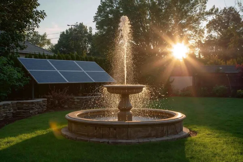 Um painel fotovoltaico fornece energia para uma bomba solar para jardim instalada em um chafariz de um jardim gramado.