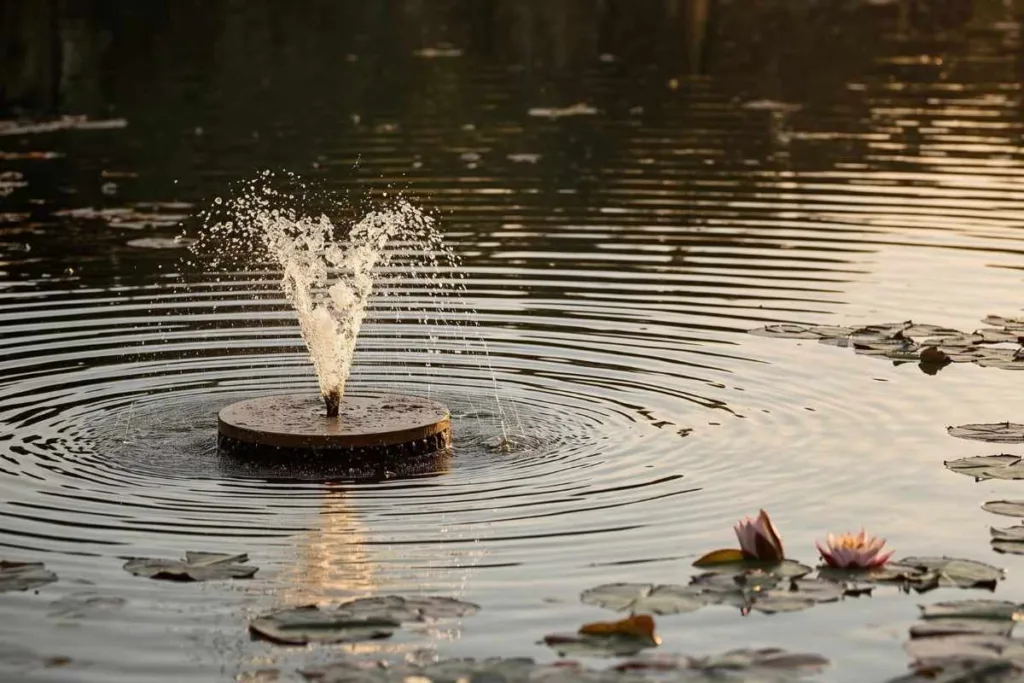 Fonte solar de disco flutuante em um lago com carpas e vitória régias.