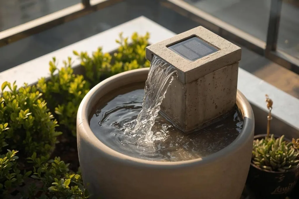 Uma mini fonte solar para jardim montada num vaso de cerâmica numa varanda de apartamento moderno.