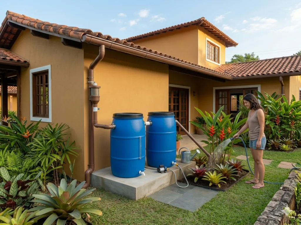 Sistema com cisterna de bombona plástica para captura de água da chuva.