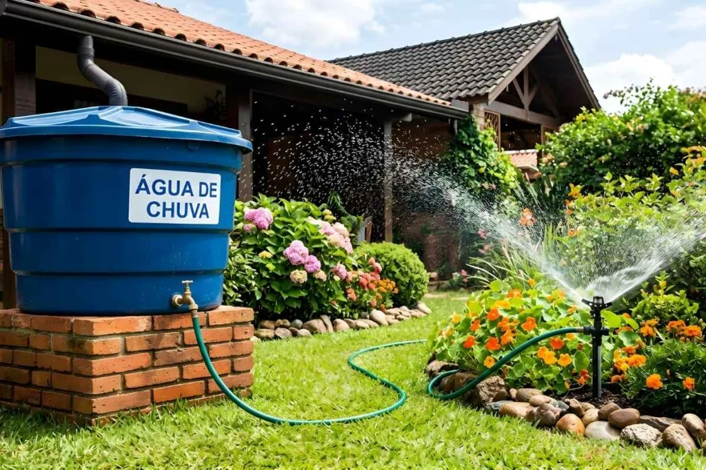 Tanque de captação de água da chuva conectado a calha de uma casa sendo usado para irrigação de um jardim.