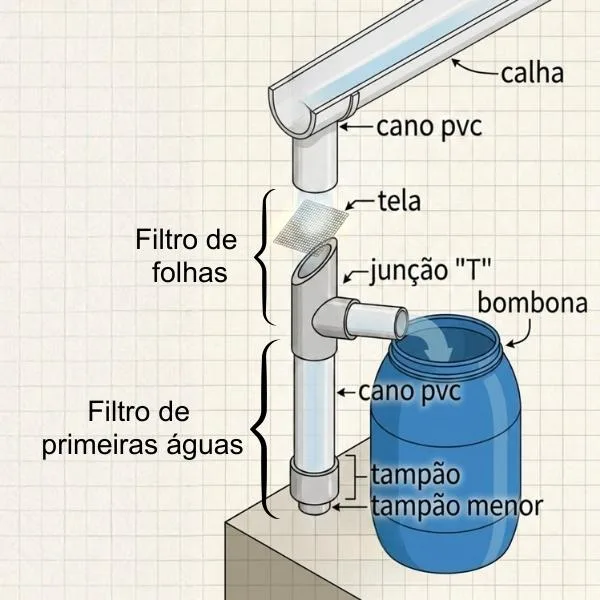 Projeto de um sistema simples para captação de água da chuva feito com canos de PVC e bombona plástica.