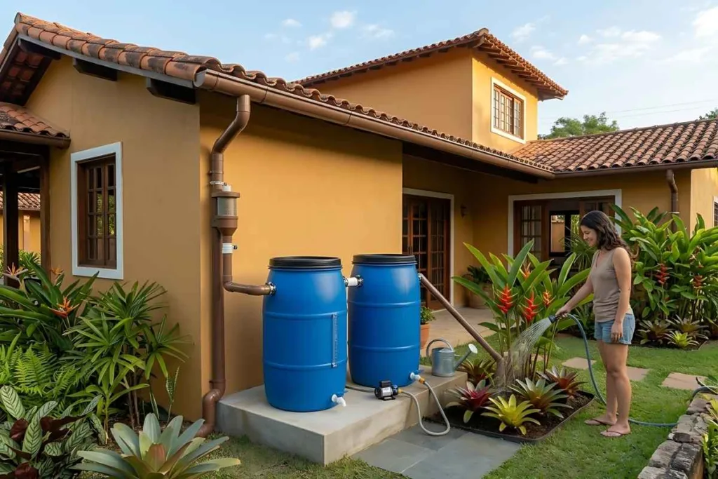 Sistema com cisterna de bombona plástica para captura de água da chuva.