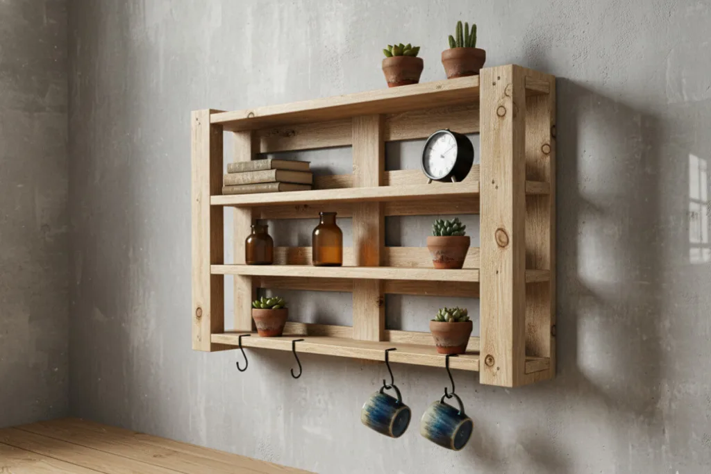 Prateleira suspensa para utensílios de cozinha com pallets