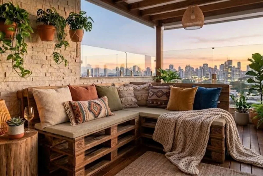 Sofá de pallets, aonchegante e confortável com almofadas.