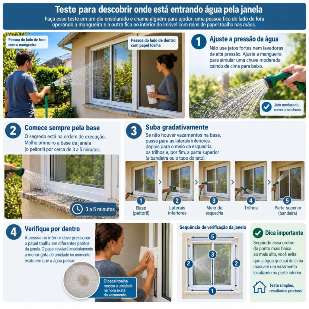 Guia visual para efetuar o teste da mangueira e descobrir por onde a água da chuva entra pela janela.